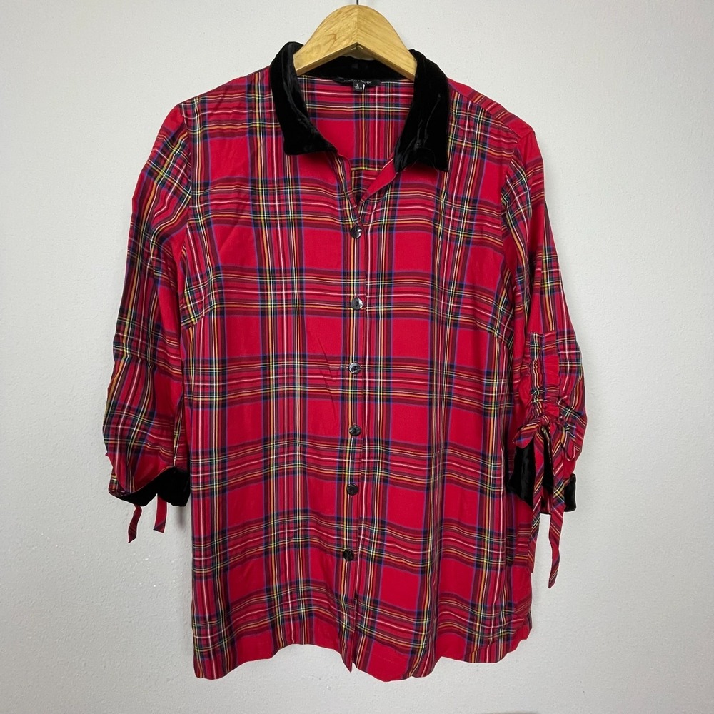 John Mark Red Plaid Velvet Button Up Western Cowgirl Tunic Shirt Boho Casual